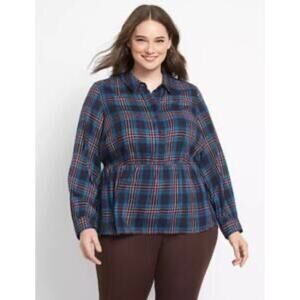 NWT Lane Bryant Peplum Plaid Shirt Plus Size 22/24 No-Peek Button Front Vermont